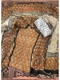 Palash - Brown Hand Block Printed Kotadoria Unstitched Full Suit (Set of 3)
