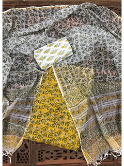 Palash - Yellow Hand Block Printed Kotadoria Unstitched Full Suit (Set of 3)