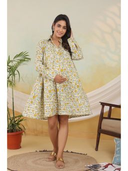 Ikk Kudi By Seerat - Women's White and Yellow Floral Maternity and Nursing Cotton Dress