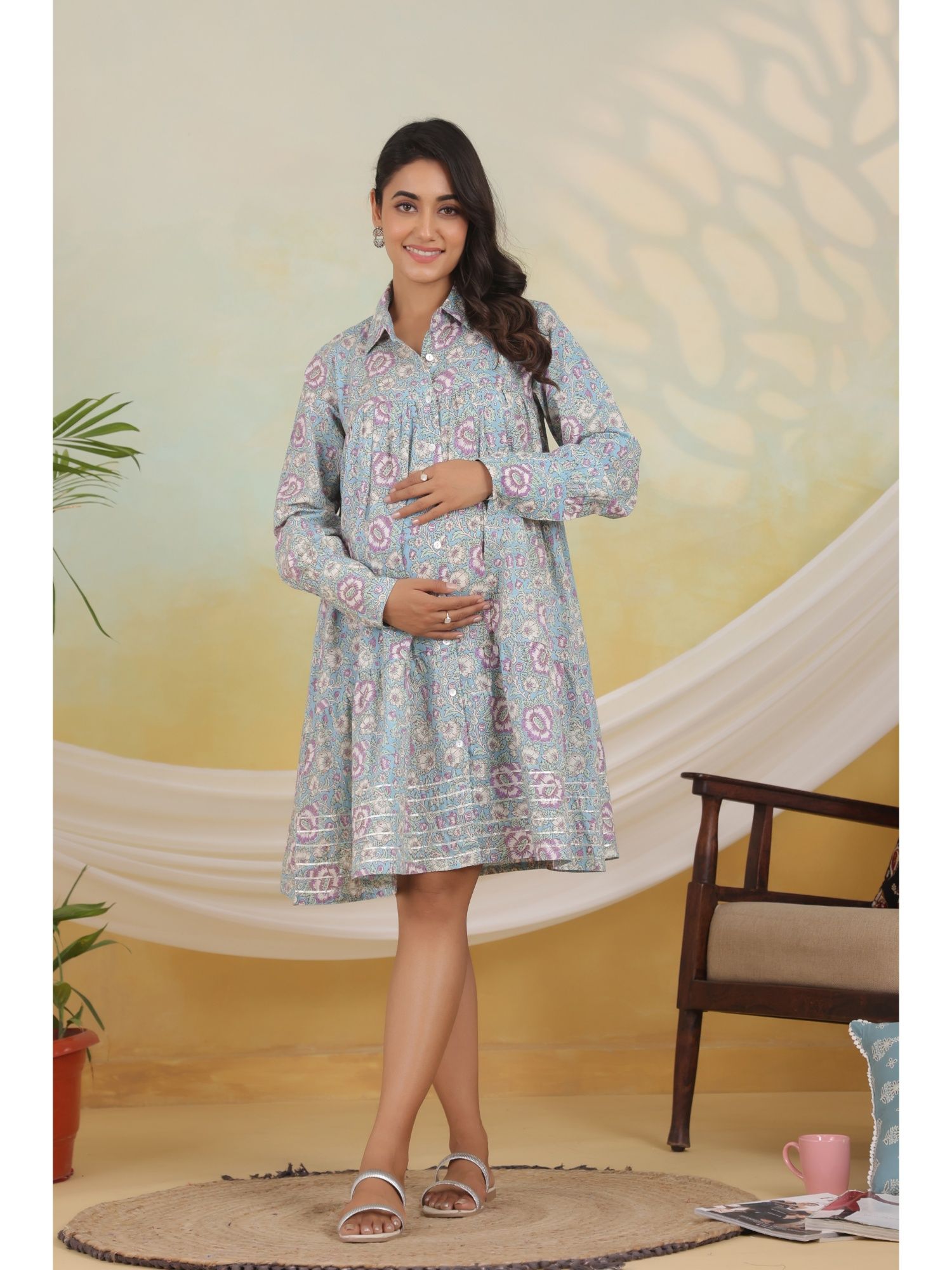 Women's Blue Floral Maternity and Nursing Cotton Dress-picture-10