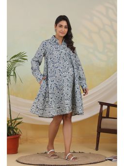 Ikk Kudi By Seerat - Women's White and Blue Floral Maternity and Nursing Cotton Dress