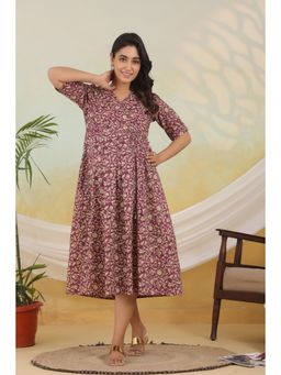 Ikk Kudi By Seerat - Women's Burgundy Floral Maternity and Nursing Cotton Dress