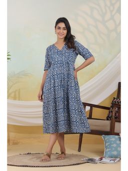 Ikk Kudi By Seerat - Women's Indigo Printed Maternity and Nursing Cotton Dress