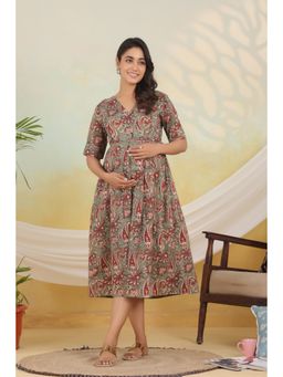 Ikk Kudi By Seerat - Women's Green Floral Maternity and Nursing Cotton Dress