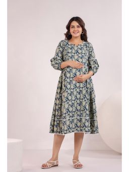 Ikk Kudi By Seerat - Women's Indigo Floral Maternity and Nursing Cotton Dress