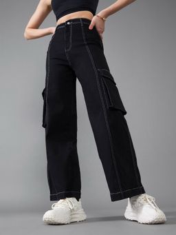 DOLCE CRUDO - Womens Black Wide Leg High Rise Clean Look Stretchable Patch Pocket Jeans