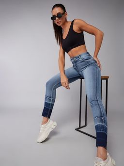 DOLCE CRUDO - Womens Light Blue Skinny Fit High Rise Ankle Shaded Denim Stretchable Jeans