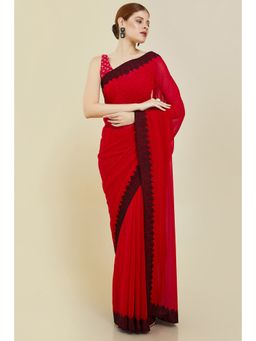Soch - Women Red Georgette Embroidered Saree with Unstitched Blouse