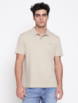 Guess - Beige Men Basis Pima Hazel Wood Solid Polo Neck Regular Fit T-Shirt