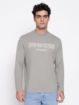 Guess - Grey Men Flock Logo Mid Organic Sage Plant Round Neck Regular Fit T-Shirt