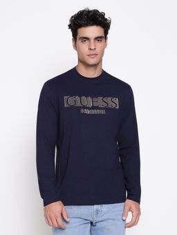 Guess - Men Flock Logo Mid Organic Smart Blue Round Neck Regular Fit T-Shirt