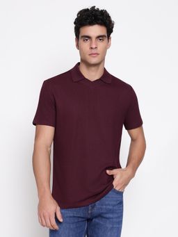 Guess - Men Organic Cotton Regal Maroon Herringbone Polo Neck Regular Fit T-Shirt