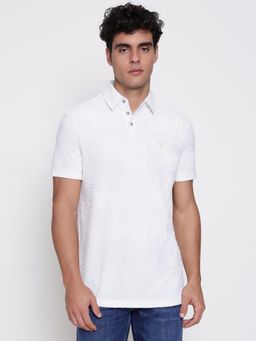 Guess - White Men Burn Out Paisley Jacquard Qui Textured Polo Neck Regular Fit T-Shirt