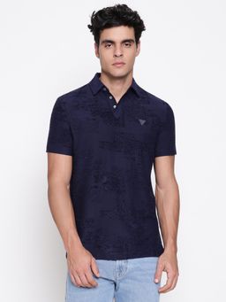 Guess - Blue Men Allover Paisley Jacquard Dar Textured Polo Neck Regular Fit T-Shirt