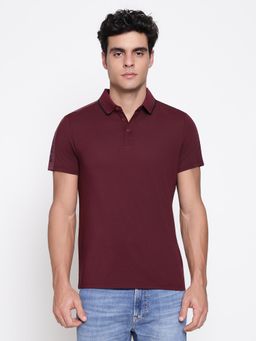 Guess - Maroon Men Paul Pique Tape Red Noir Solid Collar Neck Regular Fit Polo T-shirt
