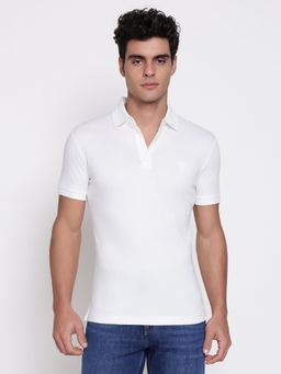 Guess - Men Mercerised Salt White Solid Polo Neck Regular Fit T-Shirt