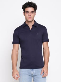 Guess - Men Mercerised Smart Blue Solid Polo Neck Regular Fit T-Shirt