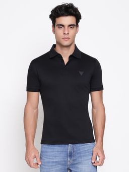 Guess - Men Mercerised Jet Black Solid Polo Neck Regular Fit T-Shirt