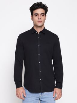 Guess - Men Sunset Cotton Dobby Jet Black Solid Spread Collar Regular Fit Shirt