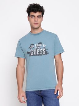 Guess - Men Treated True Teal Printed Round Neck Regular Fit T-Shirt