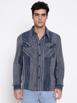 Guess - Men Atlas Cotton Linear Indigo Multi Vertical Stripes Contrast Patch Pocket Shirt