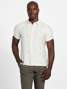 Guess - Men Cream Self Design Spread Collar Shirt