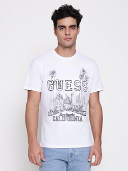 Guess - White Men Mid Organic Stream Printed with Palm Illustration T-Shirt