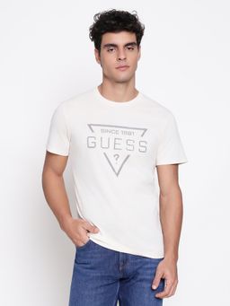 Guess - Men Mid Organic Stream Vanilla White Printed Round Neck Regular Fit T-Shirt
