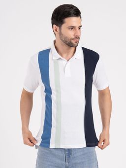 Red Tape - White Men's Cut and Sew Regular Fit Casual Striped Polo T-Shirt