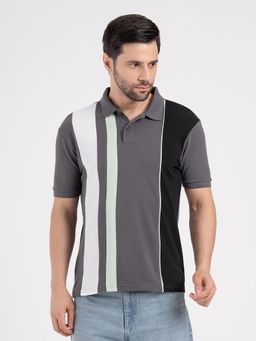Red Tape - Grey Men's Cut and Sew Regular Fit Casual Striped Polo T-Shirt