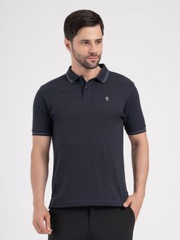 Red Tape - Navy Blue Men's Single Tone Tipping Polo Casual Jacquard Knit Style T-Shirt