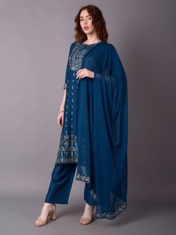 Shree - Women Poly Viscose Teal Ornamental Printed Kurta With Comfort Pant And Dupatta (Set Of 3)