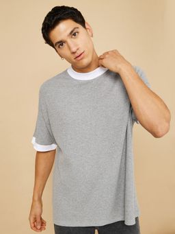 Styli - Grey Wide Ribbed Ringer Waffle Knit Oversized T-Shirt