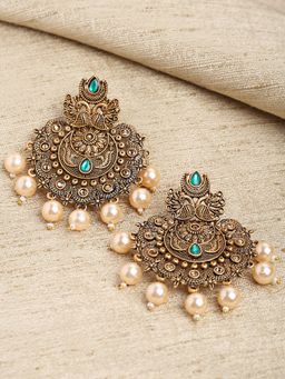 Karatcart - Gold Plated Green Floral Design Gloden Pearl Dangler Earrings for Women