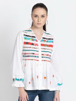 SHAYE - Women V Neck White Embroidered Full Sleeves Casual Shirts