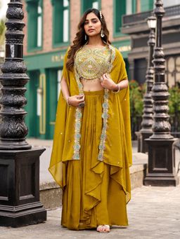 BC Balaji Creation - Mustard Rangoli Crush Indowestern Lehenga with Top and Cape