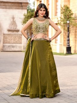 BC Balaji Creation - Olive Fendy Satin Lehenga with Blouse and Dupatta