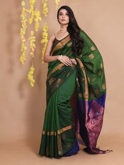 CHARUKRITI - Forest Green Cotton Ethnic Zari Temple Borders Handwoven Saree with Unstitched Blouse