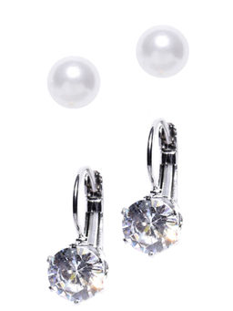 OOMPH - Set of 2 White Pearl & Silver Crown Cubic Zirconia Ear Stud & Drop Earrings