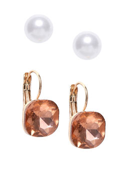 OOMPH - Set of 2 White Pearl Gold Zirconia In Gold Tone Fashion Drop Earrings