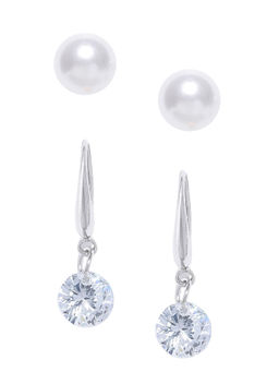 OOMPH - Set of 2 White Pearl & Silver Cubic Zirconia Ear Stud & Drop Earrings