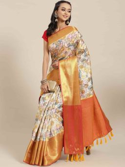 Silk Land - Banarasi Art Silk Floral Printed Saree with Unstitched Blouse Piece Beige with Unstitched