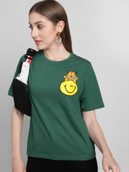 Free Authority - Garfield Printed Loose Fit Green Cotton Women T-Shirt