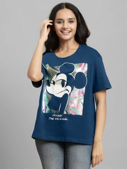 Free Authority - Mickey & Friends Printed Loose Fit Blue Cotton Women T-Shirt