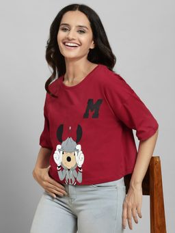 Free Authority - Mickey & Friends Printed Loose Fit Red Cotton Women T-Shirt