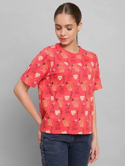 Free Authority - Mickey & Friends Printed Regular Fit Red Cotton Women T-Shirt