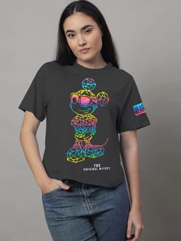 Free Authority - Mickey & Friends Printed Loose Fit Grey Cotton Women T-Shirt