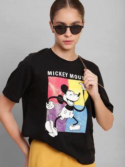 Free Authority - Mickey & Friends Printed Regular Fit Black Cotton Women T-Shirt