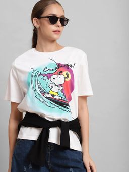 Free Authority - Peanuts Printed Relaxed Fit White Cotton Women T-Shirt