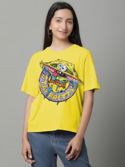 Free Authority - Spongebob Squarepants Printed Loose Fit Yellow Cotton Women T-Shirt